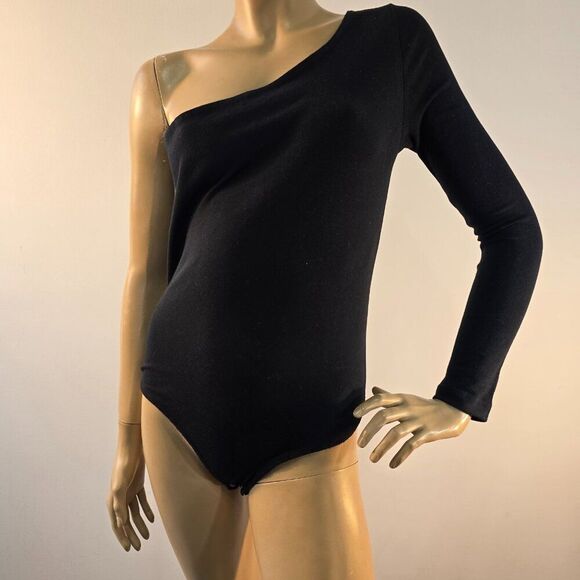 Boston Proper One Shoulder Bodysuit Size M Stretchy Long Sleeve Black FLAW Read - Picture 3 of 10